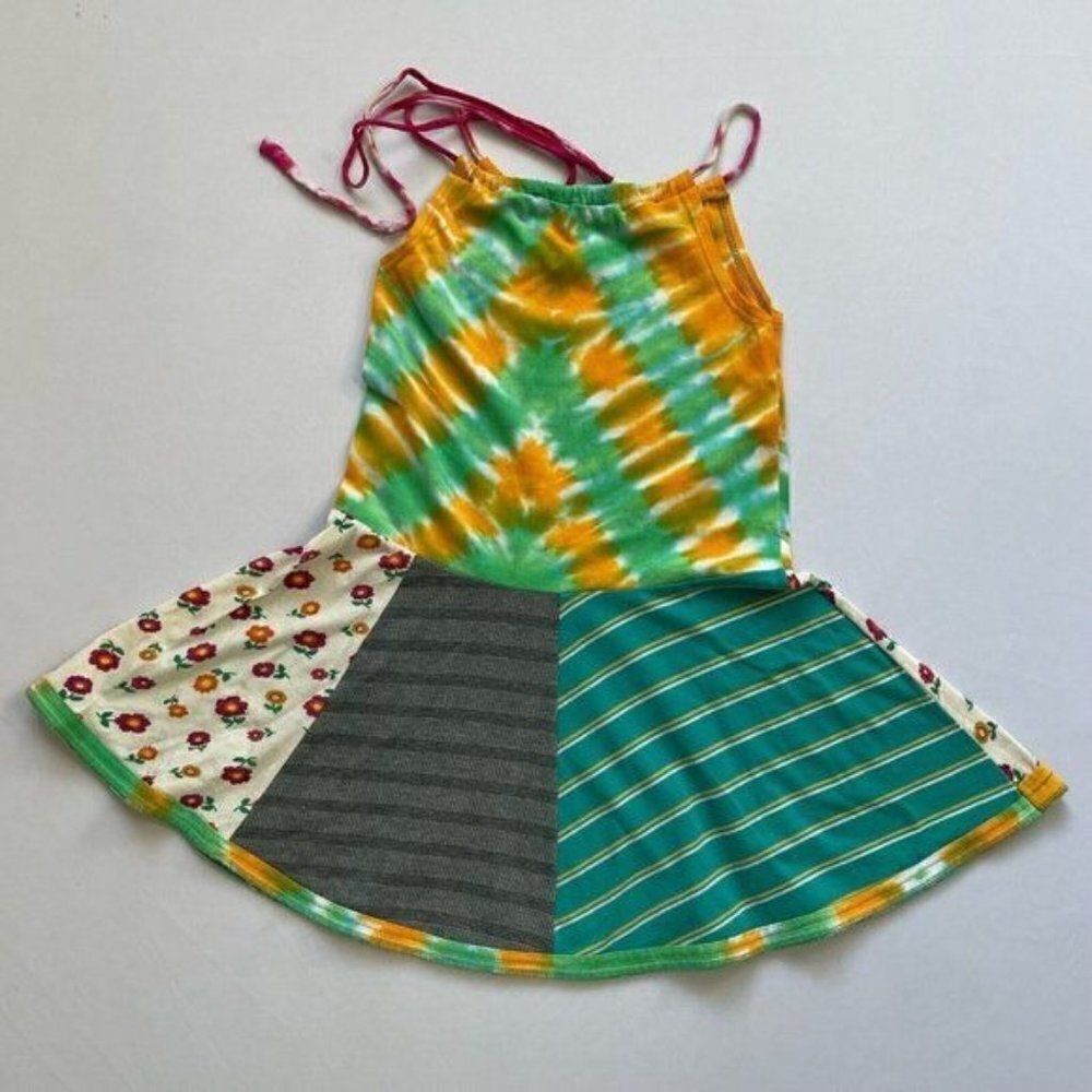 Courtneycourtney Girls Green Dress 7/8 Sleeveless Halter Twirly Tie Dye Handmade